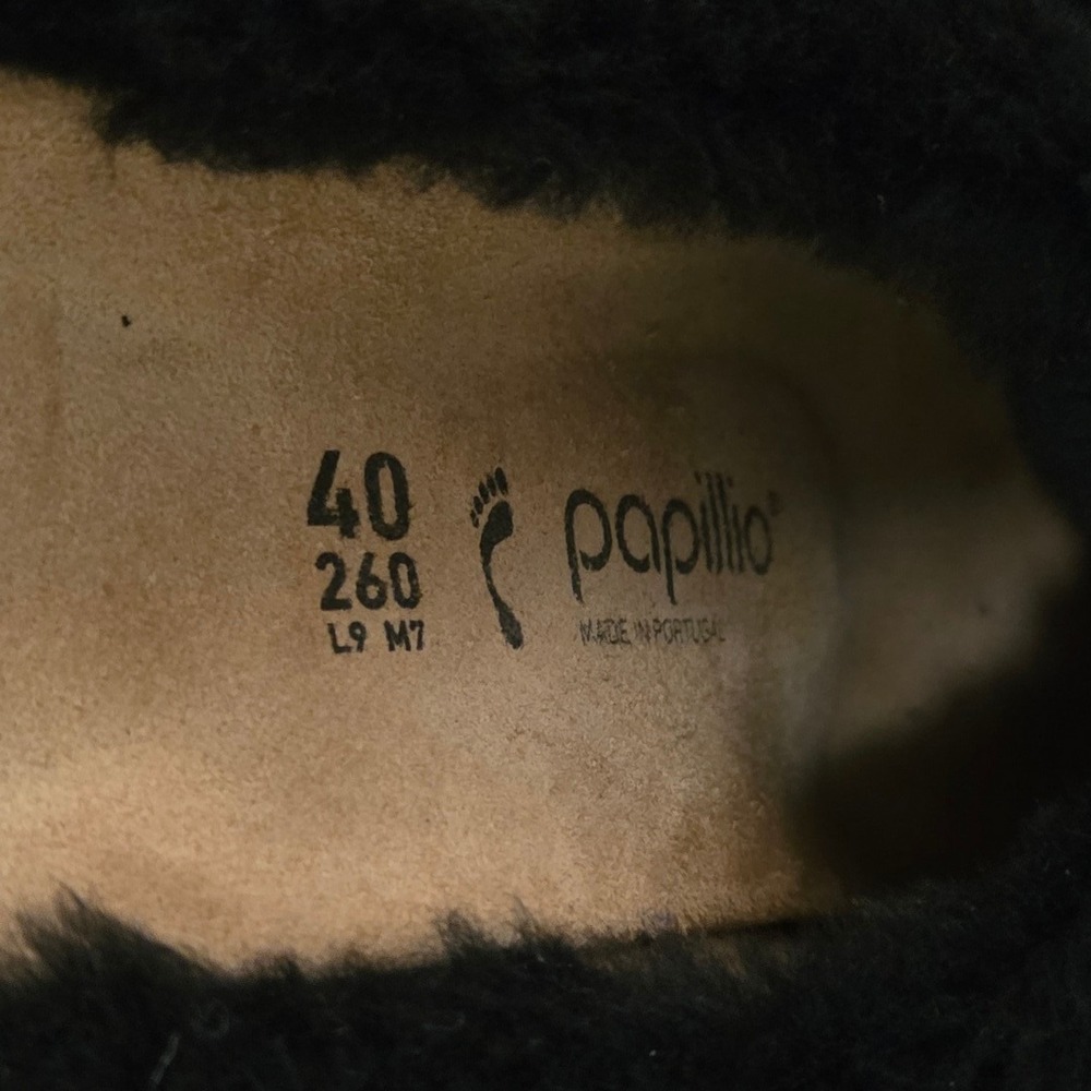 Sz 40 / 9 N Birkenstock Papillio Fanny Teddy Black Shearling Wedge Mules Clogs - Picture 5 of 8